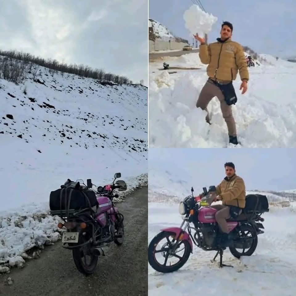 شاب عراقي يسافر بدراجة ناريه من النجف الى منطقة حاج عمران من اجل الثلوج .